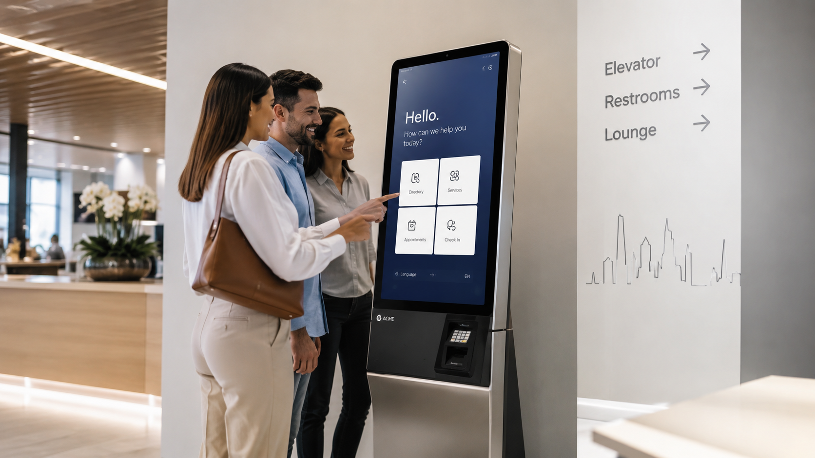 Self-service kiosk in a corporate lobby