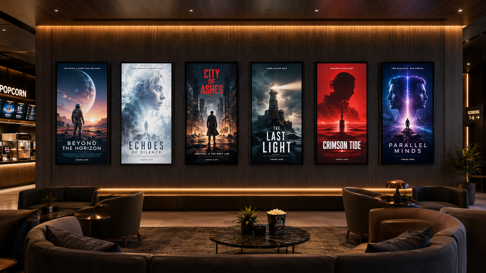 Digital movie poster wall in a cinema